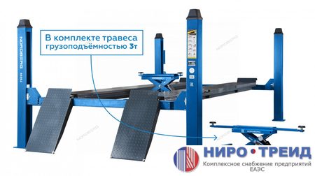 Подъемник четырехстоечный 5 т, c ручной траверсой 3 т N433, для сход-развала, электростопоры, синий 4450J_EB(M)