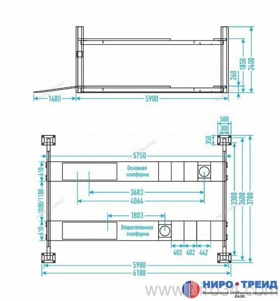Подъемник 4-стоечный 7 т, c ручной траверсой 3 т N434, для сход-развала, 380 В, синий 4470JB